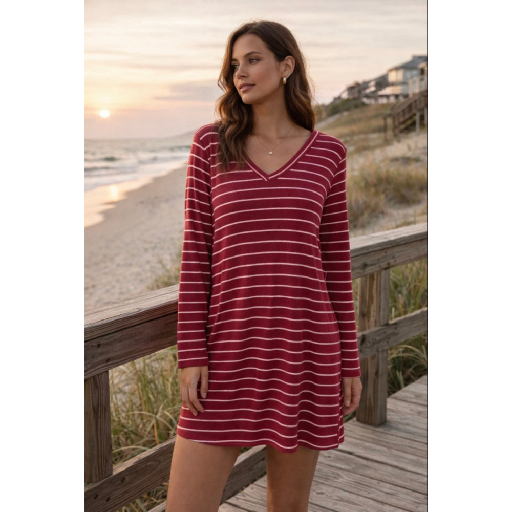 Women's mts Red & White Striped Long Sleeve Dress, Size L